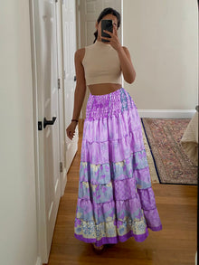  Summer Purple Floral Beach Maxi Skirt Patchwork Boho Skirt Dress S/M