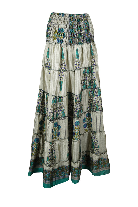 Summer Gray Blue Floral Maxi Skirt Patchwork Boho Skirt Dress S/M