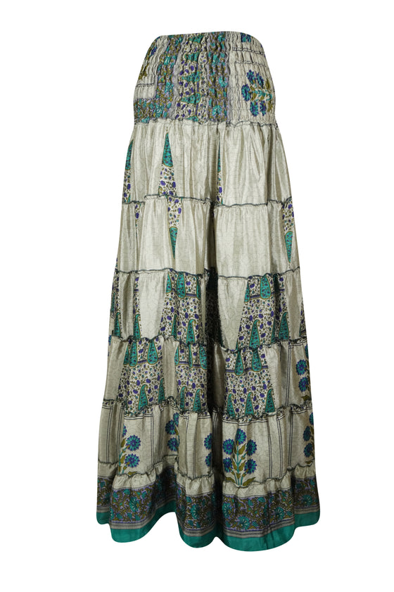 Summer Gray Blue Floral Maxi Skirt Patchwork Boho Skirt Dress S/M