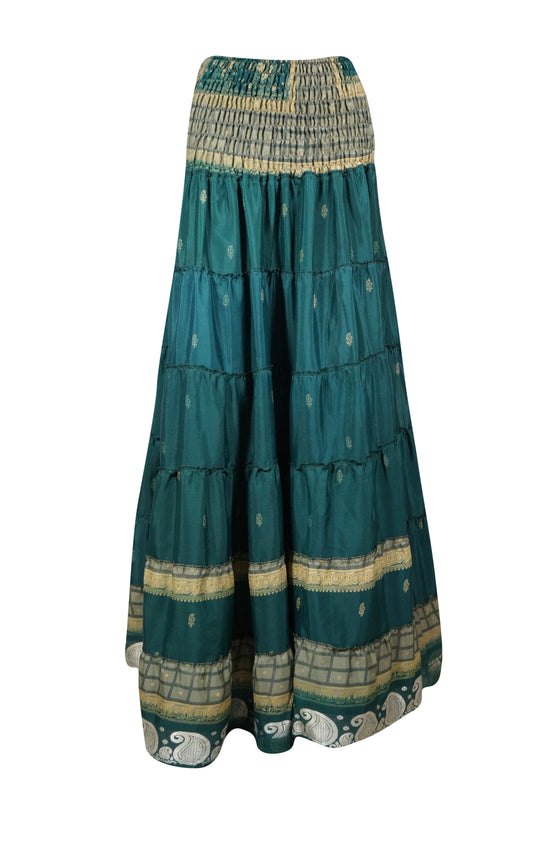 Summer Pine Green Floral Maxi Skirt Patchwork Boho Skirt Dress S/M