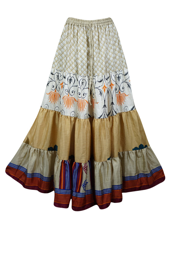 Summer Beige Multi Floral Maxi Skirt Patchwork Boho Skirt Dress S/M