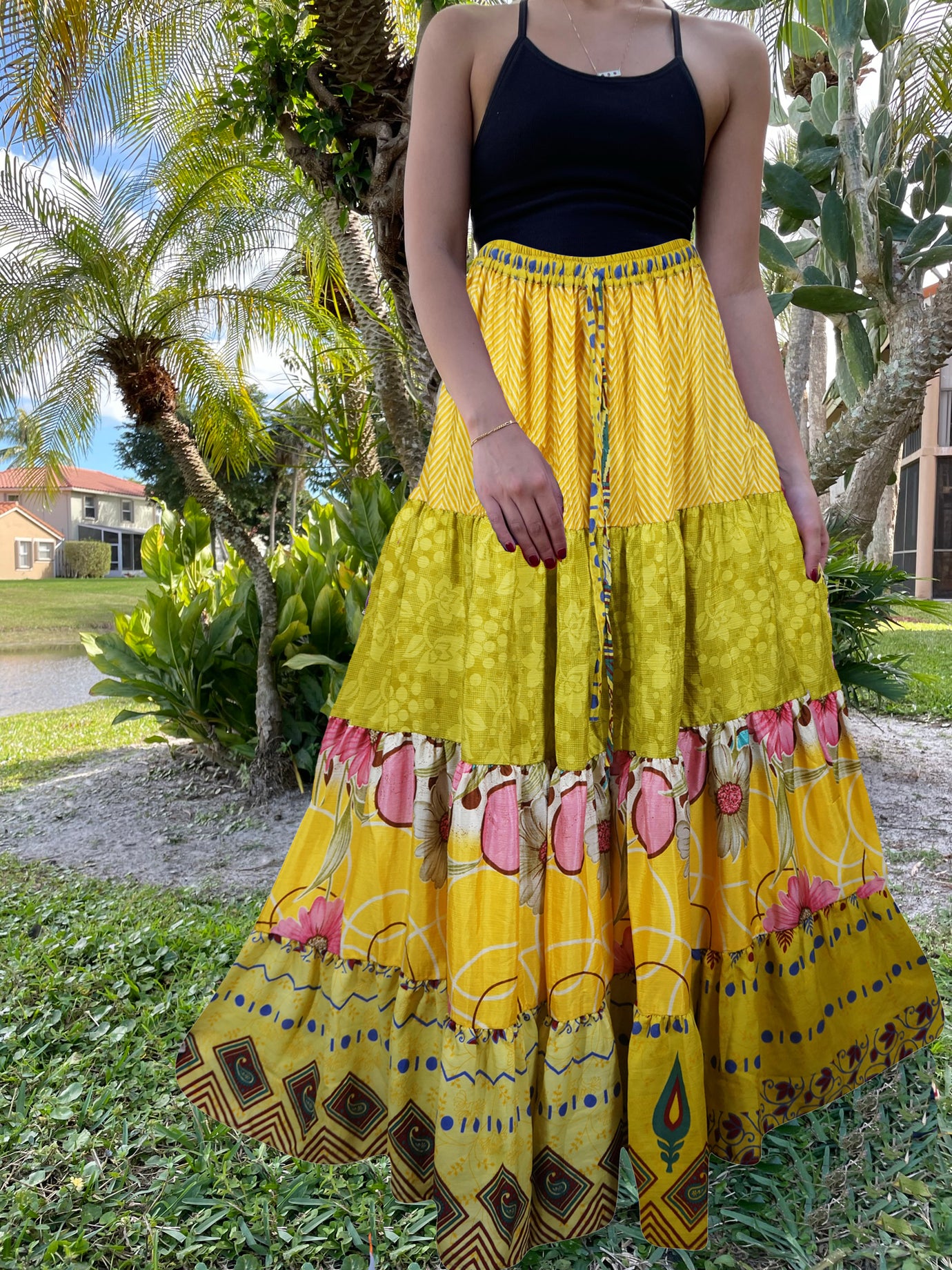 Womens Yellow Floral Beach Maxi Skirt Patchwork Boho Skirt Dress S M