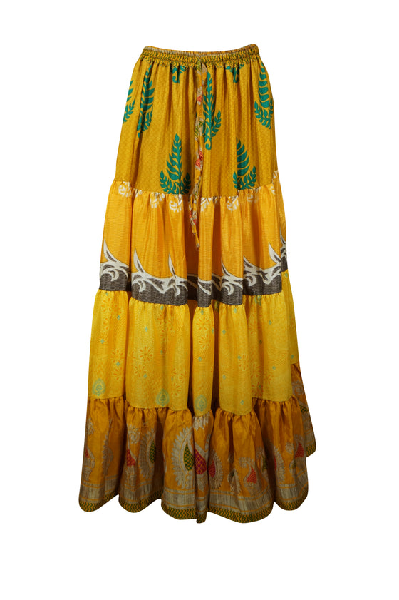 Trendy Flowy Skirt Yellow Floral Maxi Skirt Stylish Boho Skirt Dress S/M