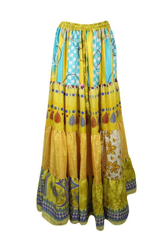 Trendy Flowy Skirt Yellow Blue  Maxi Skirt Stylish Boho Skirt Dress S/M