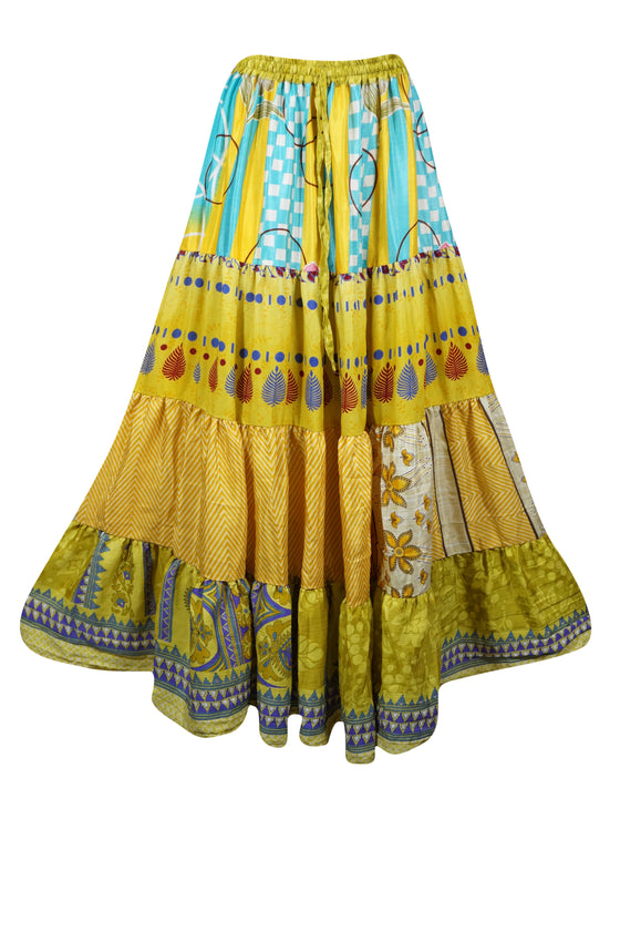 Trendy Flowy Skirt Yellow Blue  Maxi Skirt Stylish Boho Skirt Dress S/M