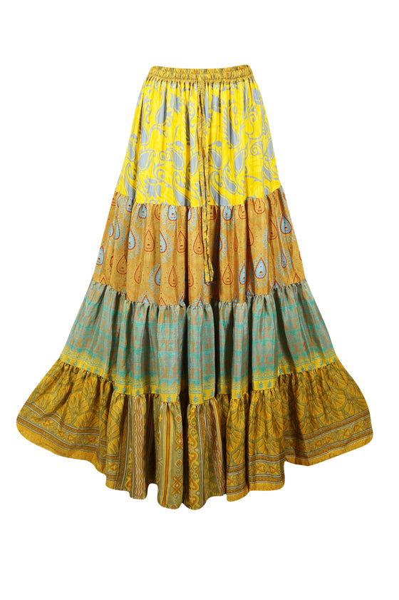 Trendy Flowy Skirt Yellow Floral Maxi Skirt Stylish Boho Skirt Dress S/M