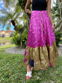  Summer Pink Floral Beach Maxi Skirt Patchwork Boho Skirt Dress S/M