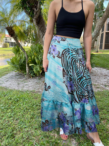  Bohemian Sky Blue Purple Floral Beach Maxi Skirt Stylish Boho Skirt Dress S/M