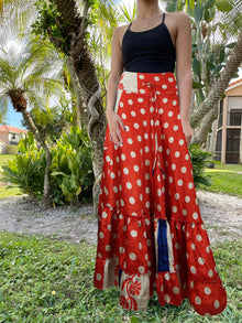 Bohemian Rose Red Dot Print Beach Maxi Skirt Stylish Boho Skirt Dress S/M