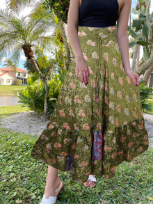  Womens Olive Green Floral Beach Maxi Skirt Tiered Ruffle Boho Skirt ML