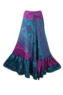  Women's Flowy Maxi Skirt BlueFloral Tiered Ruffle Boho Skirt ML