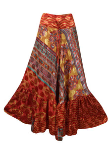  Women's Flowy Maxi Skirt Orange Floral Maxi Skirt Boho Ruffle Long Skirt ML