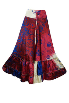  Summer Dark Pink Floral Beach Maxi Skirt Tiered Ruffle Boho Skirt ML