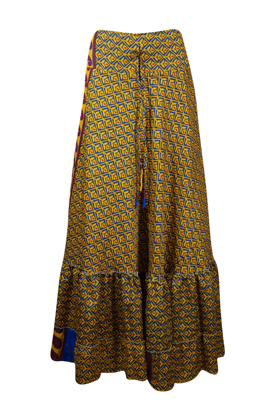 Women's Flowy Maxi Skirt Yellow Floral Skirt Boho Ruffle Long Skirt ML