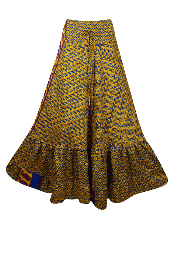 Women's Flowy Maxi Skirt Yellow Floral Skirt Boho Ruffle Long Skirt ML
