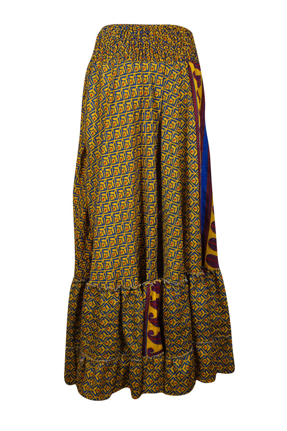 Women's Flowy Maxi Skirt Yellow Floral Skirt Boho Ruffle Long Skirt ML