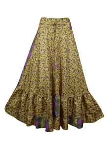  Women's Flowy Maxi Skirt Olive Green Purple Floral Boho Ruffle Long Skirt ML