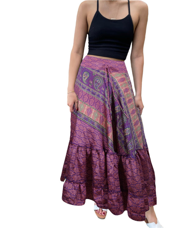 Summer Iris Purple Floral Beach Maxi Skirt Patchwork Boho Skirt Dress M/L