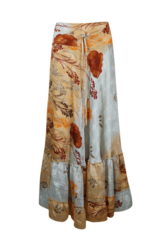 Women's Flowy Maxi Skirt Orange Floral Skirt Boho Ruffle Long Skirt ML