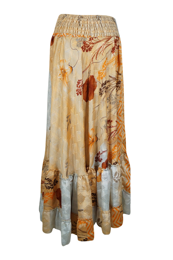 Women's Flowy Maxi Skirt Orange Floral Skirt Boho Ruffle Long Skirt ML