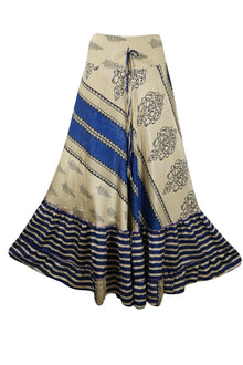  Women's Flowy Maxi Skirt White Blue Floral Boho Ruffle Long Skirt ML