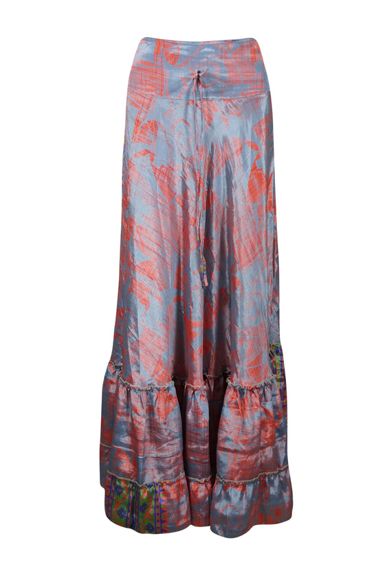 Flowy Skirts for Women Gray Red Beach Maxi Skirt Patchwork Boho Skirt Dress ML