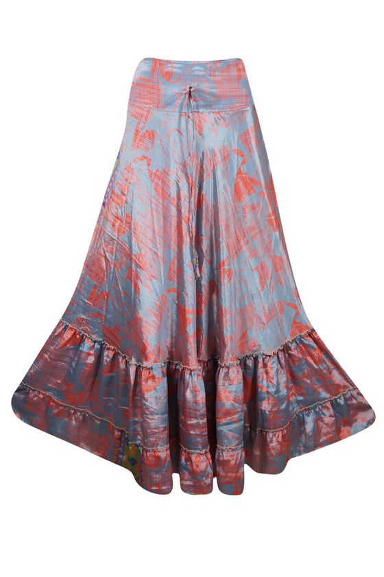 Flowy Skirts for Women Gray Red Beach Maxi Skirt Patchwork Boho Skirt Dress ML