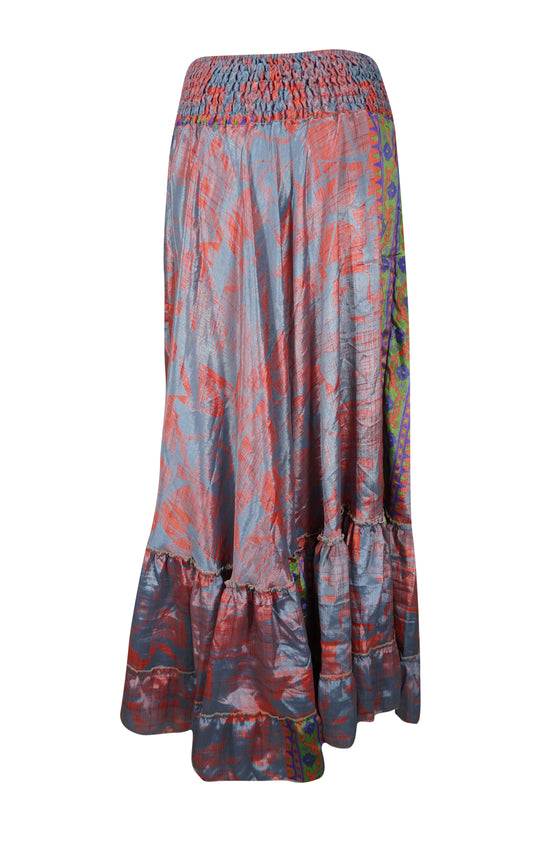 Flowy Skirts for Women Gray Red Beach Maxi Skirt Patchwork Boho Skirt Dress ML