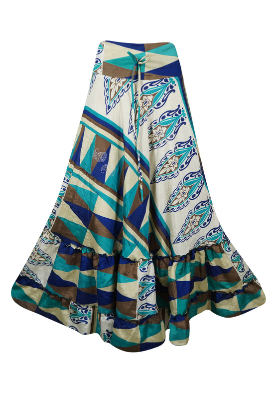 Flowy Skirts for Women Blue White Floral Beach Maxi Ruffle Boho Skirt ML