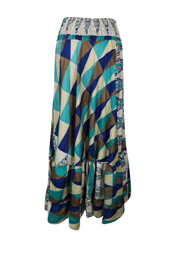 Flowy Skirts for Women Blue White Floral Beach Maxi Ruffle Boho Skirt ML