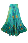 Sea Green Flowy Skirts Floral Beach Tiered Ruffle Boho Maxi Skirt ML