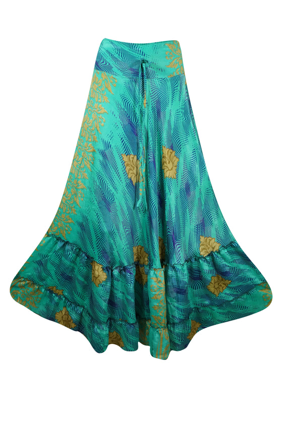 Sea Green Flowy Skirts Floral Beach Tiered Ruffle Boho Maxi Skirt ML