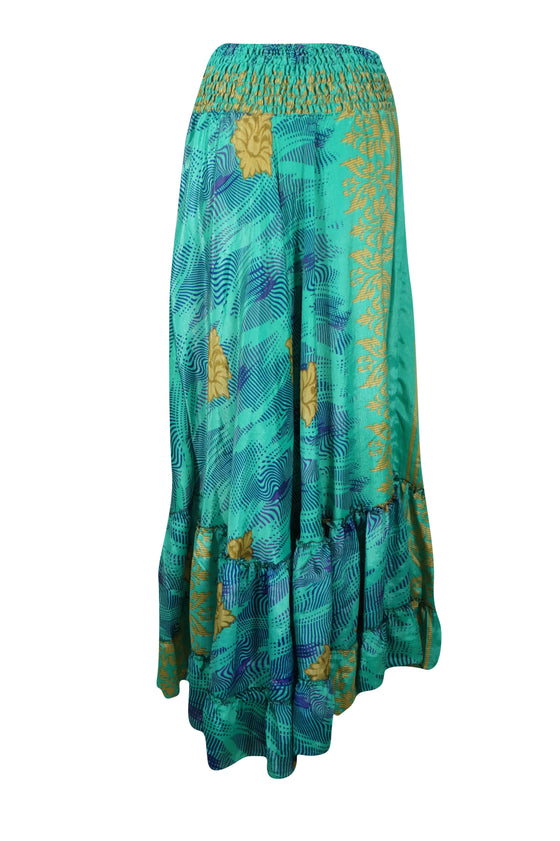 Sea Green Flowy Skirts Floral Beach Tiered Ruffle Boho Maxi Skirt ML