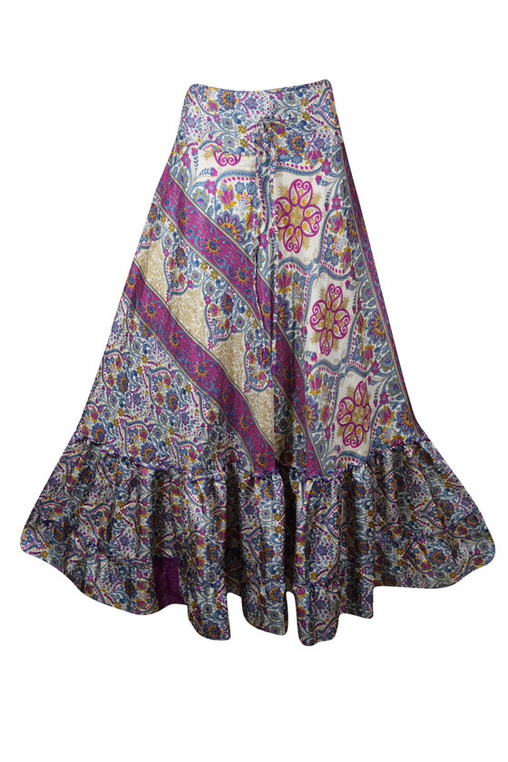 Flowy Skirts for Women Pink Blue Floral Beach Maxi Skirt Patchwork Boho Skirt Dress M/L