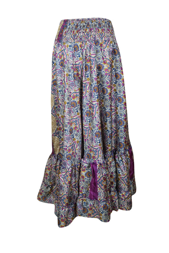 Flowy Skirts for Women Pink Blue Floral Beach Maxi Skirt Patchwork Boho Skirt Dress M/L