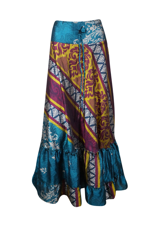 Flowy Skirts for Women Blue Yellow Floral Beach Maxi Skirt Tiered Ruffle Boho Skirt ML