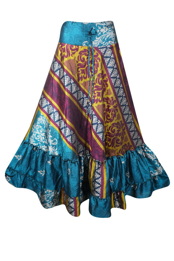 Flowy Skirts for Women Blue Yellow Floral Beach Maxi Skirt Tiered Ruffle Boho Skirt ML