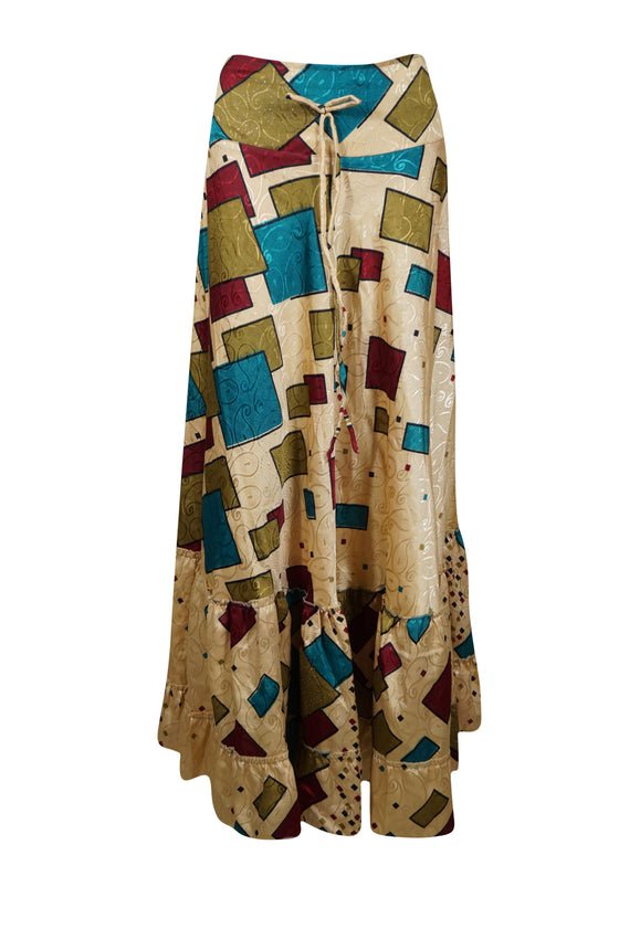 Flowy Skirts for Women Beige Box Print Beach Maxi Skirt Tiered Ruffle Boho Skirt ML