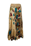 Flowy Skirts for Women Beige Box Print Beach Maxi Skirt Tiered Ruffle Boho Skirt ML