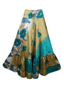  Womens Blue Gold Floral Beach Maxi Skirt Tiered Ruffle Boho Skirt ML