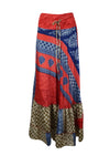 Red Blue Floral Beach Maxi Skirt Tiered Ruffle Boho Long Flared Skirt ML