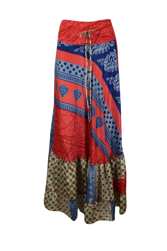 Red Blue Floral Beach Maxi Skirt Tiered Ruffle Boho Long Flared Skirt ML