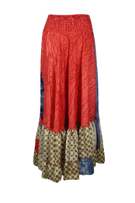 Red Blue Floral Beach Maxi Skirt Tiered Ruffle Boho Long Flared Skirt ML