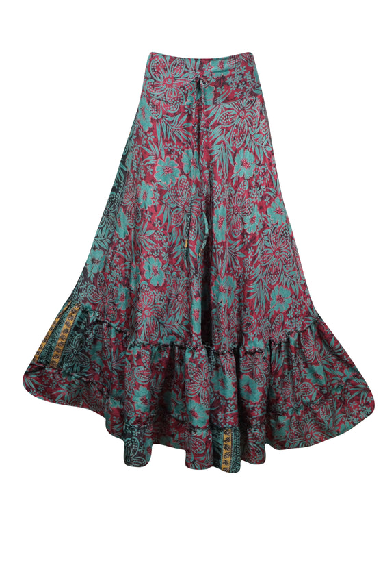 Skirts for Women Pine Green Red Floral Beach Maxi Skirt Tiered Ruffle Boho Skirt ML