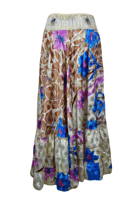 Maxi Skirts for Women White Blue Floral Beach Tiered Ruffle Boho Skirt ML