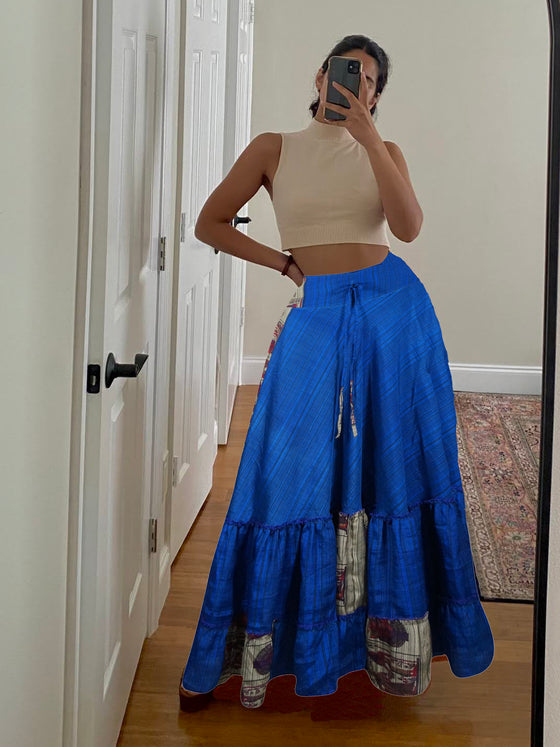 Womens Neon Blue Stylish  Beach Maxi Skirt Tiered Ruffle Boho Skirt ML