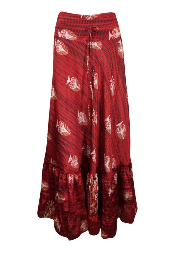 Maxi Skirts for Women Brick Red Floral Beach Skirt Tiered Ruffle Boho Skirt ML