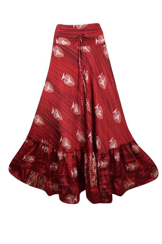 Maxi Skirts for Women Brick Red Floral Beach Skirt Tiered Ruffle Boho Skirt ML