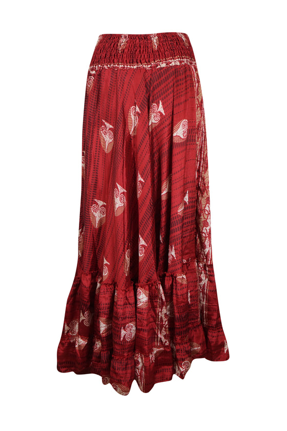 Maxi Skirts for Women Brick Red Floral Beach Skirt Tiered Ruffle Boho Skirt ML