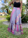 Summer Pink Blue Floral Beach Maxi Skirt Patchwork Boho Skirt Dress M/L